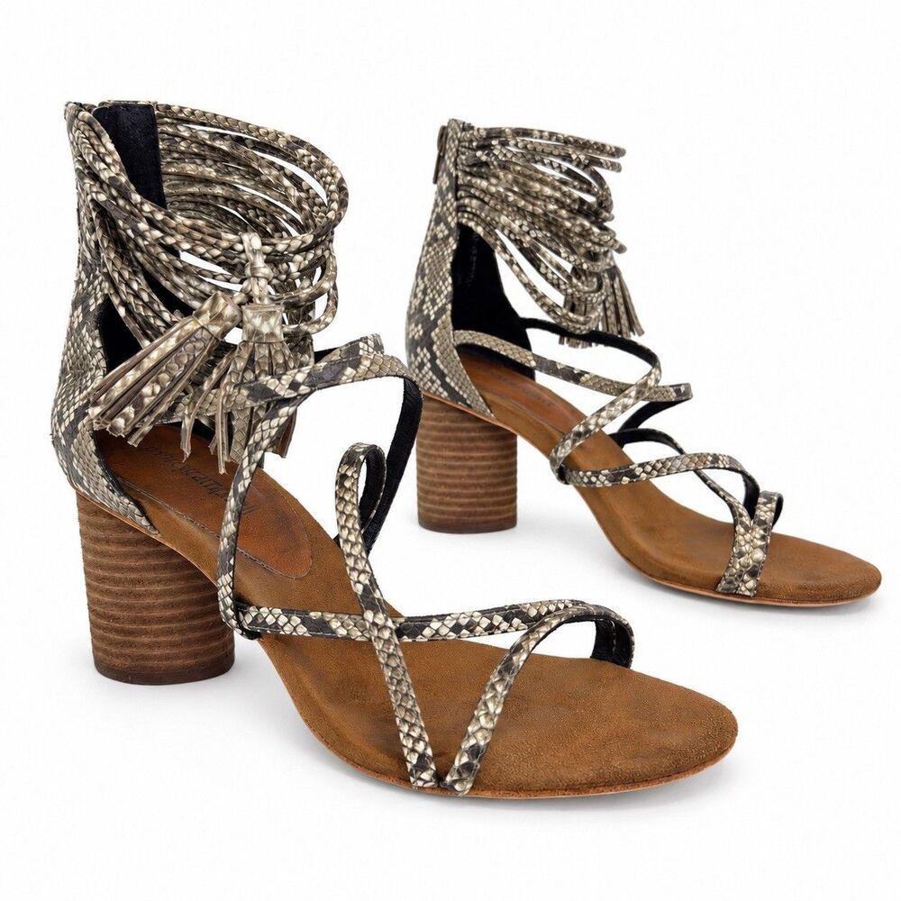 Jeffrey Campbell Snake Print Tassel Strappy Block Heel Sandals Women’s Size 9